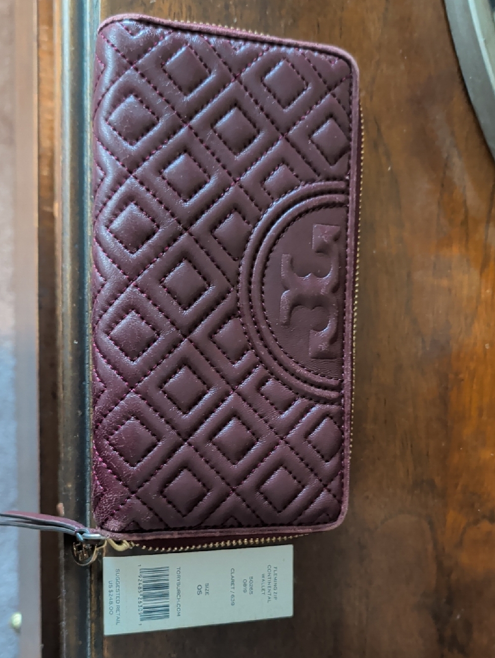 Tory Burch Quilted Zip Wallet in Plum